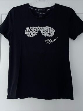 Karl Lagerfeld Black Tee with White Embellished Sunglasses Motif